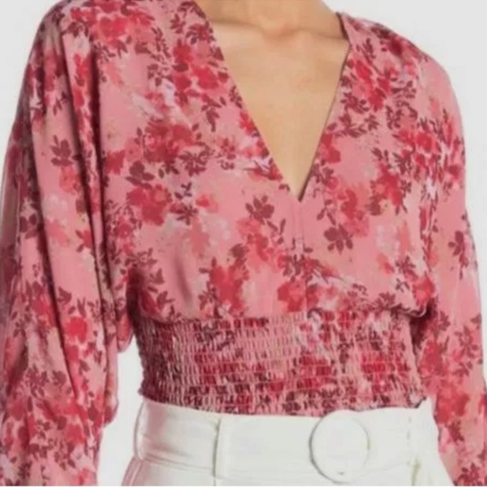 Wayf Pink Floral Shirred Smocked Waist V Neck Long Sleeve Blouse
